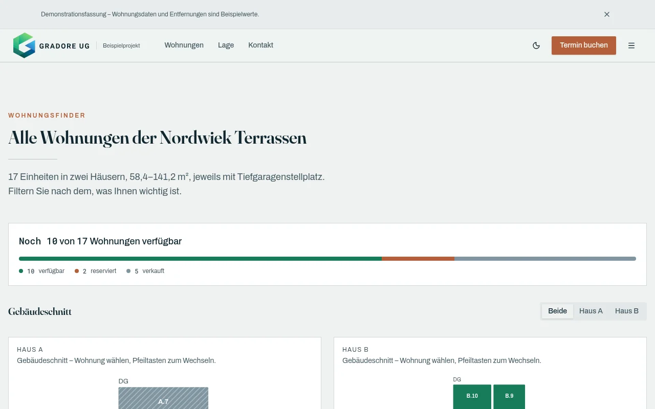 Screenshot des Wohnungsfinders im Gradore-Demoprojekt Nordwiek Terrassen mit Gebäudeschnitt und Wohnungsfiltern